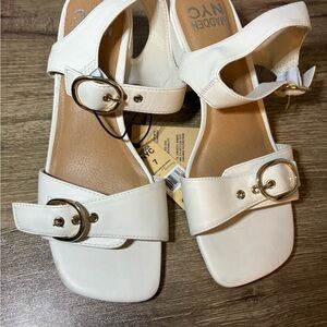 Elegant White Sandals with Gold Buckles